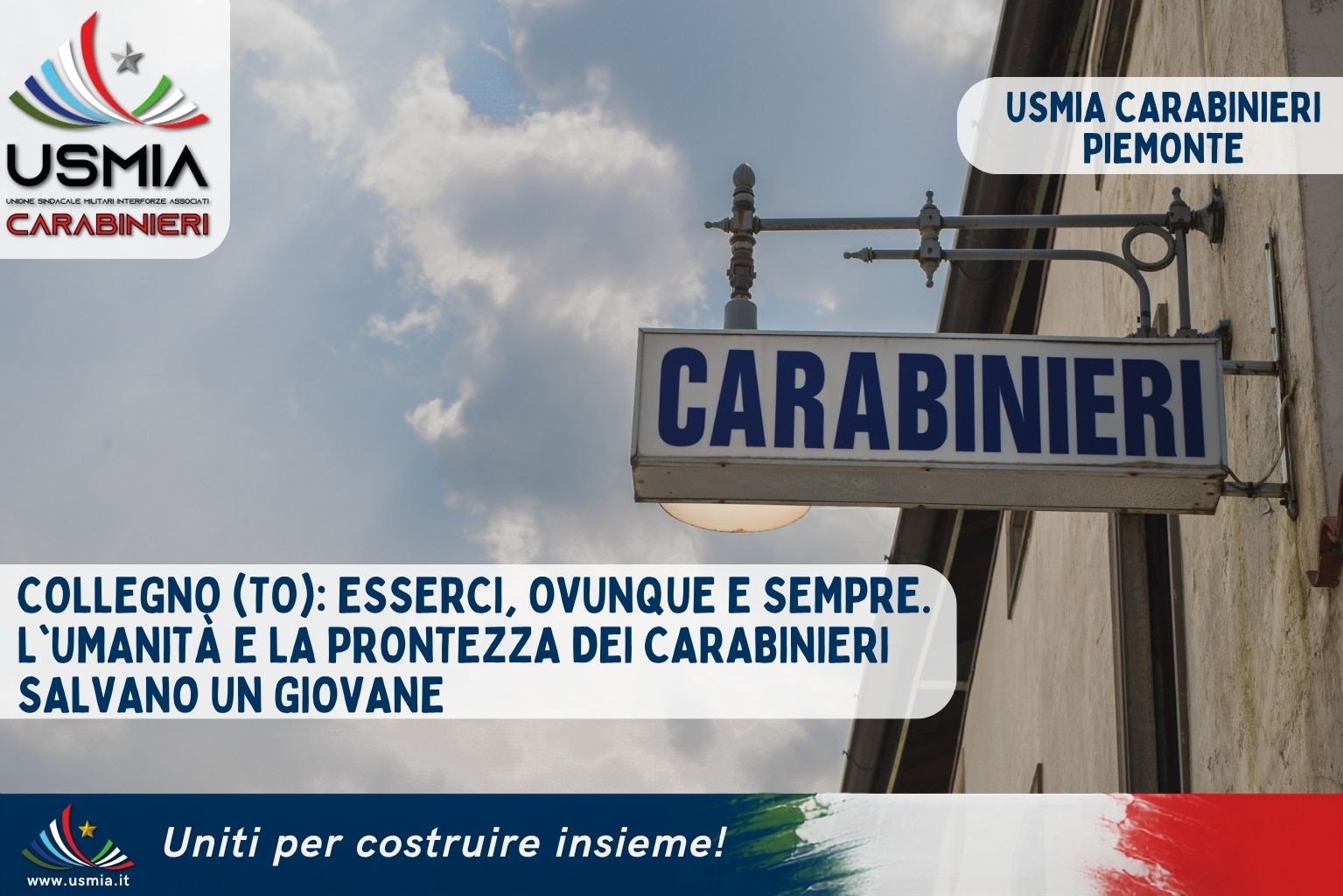 Carabinieri a Collegno salvano un giovane in pericolo, intervento elogiato da USMIA Carabinieri Piemonte