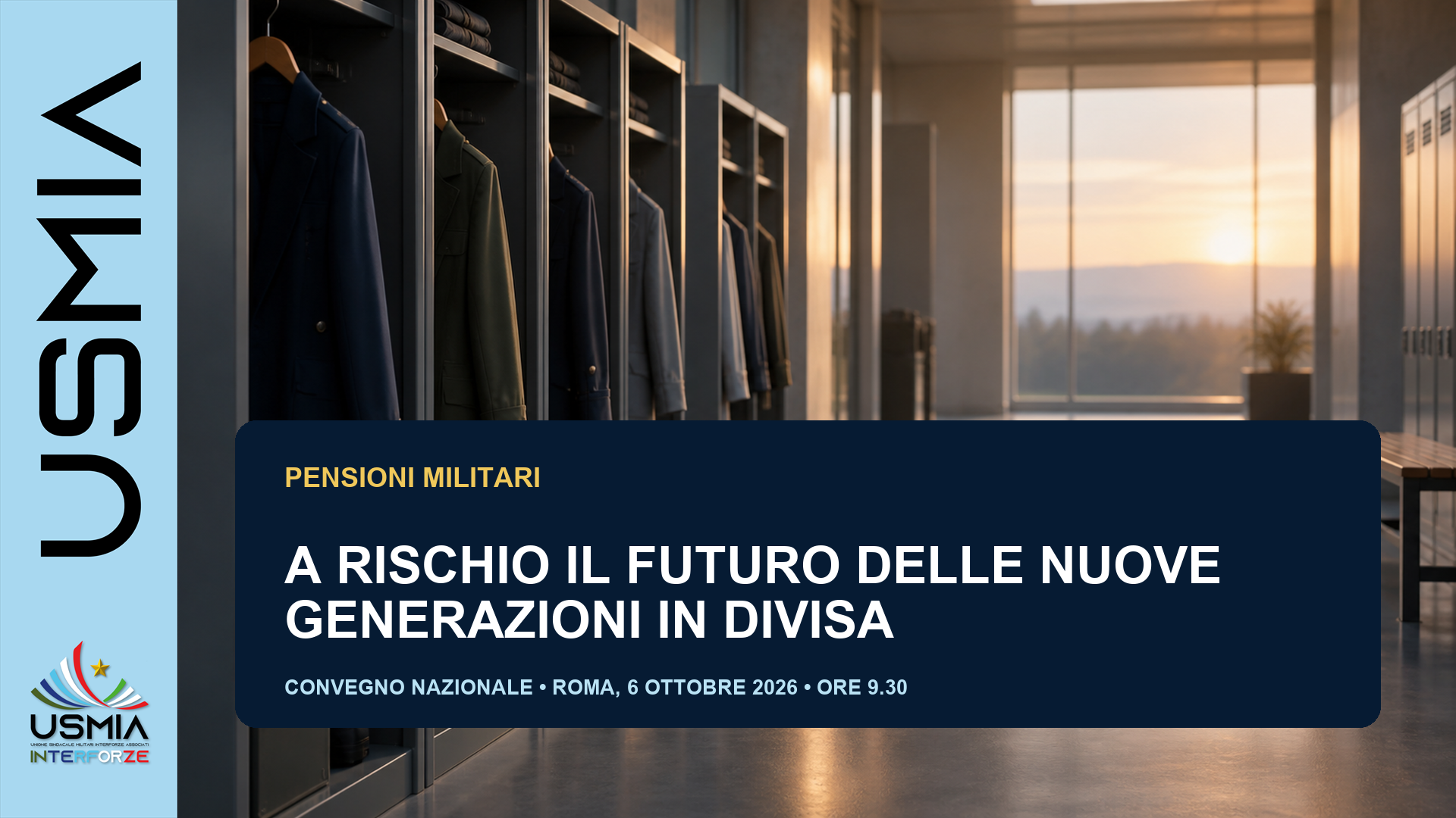 Corridoio con uniformi militari e titolo sul futuro previdenziale delle nuove generazioni in divisa