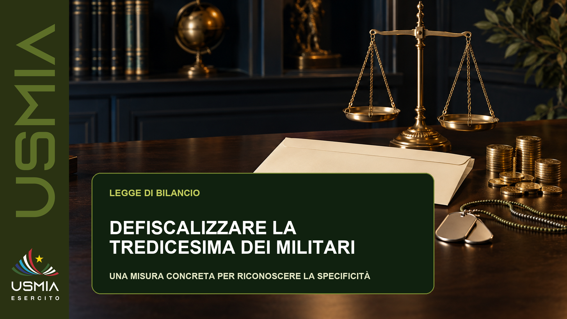 Visual USMIA Esercito con bilancia, busta paga, monete e piastrine militari sulla proposta di fiscalità agevolata per la tredicesima